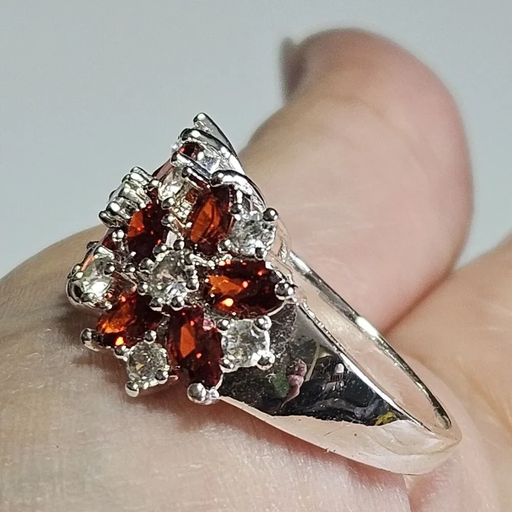 Sterling Silver Orange & Clear Rhinestone Flower Ring Sz 7.5